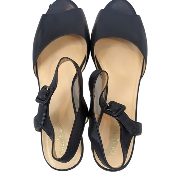 Cole Haan Gillian Mid Wedge Leather Sandals 10 Black Cork Platform Ankle Strap - Picture 8 of 14